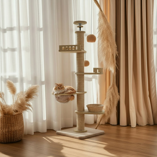 Kattenboom 5 etages – minimalistisch design kattenboom in natuurhoutHondkatWereld.nl